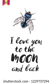 Motivation card with blue fly and quote: i love you to the moon and back. Hand drawn insect illustration in embroidery fashion style. Greeting card with beautiful bug on white background