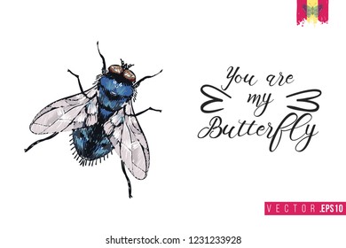 Motivation card with blue fly and quote: you are my butterfly. Hand drawn insect illustration in embroidery fashion style. Greeting card with beautiful bug on white background