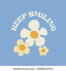 Motivation card design with text Keep Smiling and flowers in Groovy style on bllue color background