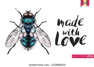 Motivation card with green fly and quote: made with love. Hand drawn insect illustration in embroidery fashion style. Greeting card with beautiful bug on white background