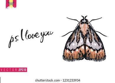 Motivation card with moth butterfly and quote: ps i love you. Hand drawn insect illustration in embroidery fashion style. Greeting card with beautiful bug on white background