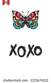 Motivation card with motley butterfly and quote: xoxo. Hand drawn insect illustration in embroidery fashion style. Greeting card with beautiful bug on white background
