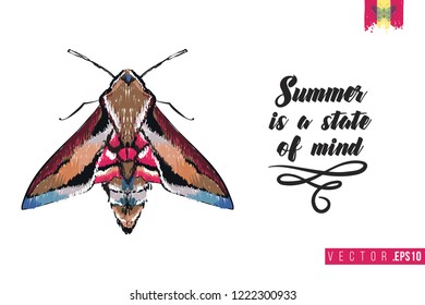 Motivation card with night butterfly and quote: summer is a state of mind. Hand drawn insect illustration in embroidery fashion style. Greeting card with beautiful bug on white background
