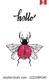 Motivation card with red flying bug and quote: hello. Hand drawn insect illustration in embroidery fashion style. Greeting card with beautiful bug on white background