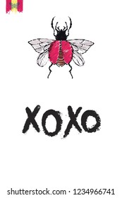 Motivation card with red flying bug and quote: xoxo. Hand drawn insect illustration in embroidery fashion style. Greeting card with beautiful bug on white background