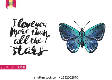 Motivation card with small blue butterfly and quote: i love you more than all the stars. Hand drawn insect illustration in embroidery fashion style.