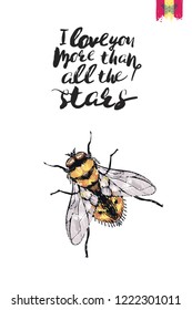 Motivation card with yellow fly and quote: i love you more than all the stars. Hand drawn insect illustration in embroidery fashion style. Greeting card with beautiful bug on white background