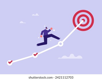 Motivation or challenge to achieve success concept, progress to goal or reaching business target, career growth, businessman running on growth chart to target