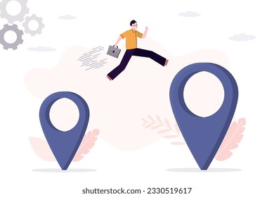 Motivation to change job or career, escape from toxic office, courage to change to better place. Global relocation. Ambition businessman jumping from small to giant pointer. flat vector illustration
