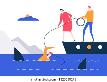 Motivation - colorful flat design style vector illustration on white background. Metaphorical composition with a businessman being chased by sharks, his colleagues on the boat throwing a safety rope