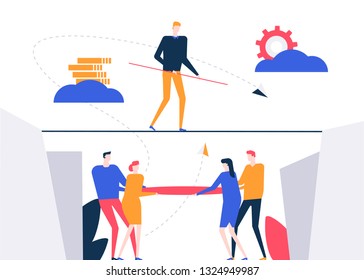 Motivation - colorful flat design style vector illustration on white background. A composition with a businessman walking on a cable, trying to reach goals, business team supporting, ensuring safety