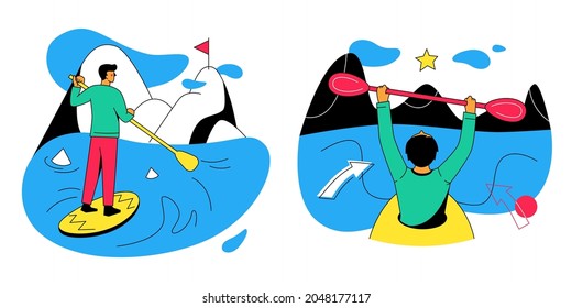 Motivación - ilustraciones de diseño plano coloridas con elementos de línea. Composición colorida con un hombre de negocios sup surf, remo hacia las montañas, kayak. Gestión de riesgos, idea de objetivos