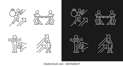 Motivation complications and results linear icons set for dark and light mode. Facing criticism. Customizable thin line symbols. Isolated vector outline illustrations. Editable stroke