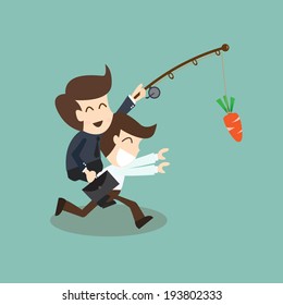 motivation concept - businessman chased with carrot 