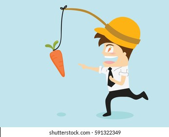 Motivation concept - businessmen running with hanging carrot