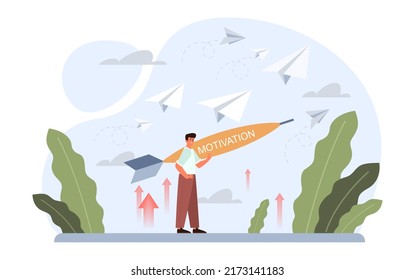 Concepto de motivación. Empoliar la motivación para el logro de los objetivos de carrera. Ambición, persistencia y responsabilidad. El éxito en la superación del desafío. Ilustración vectorial plana