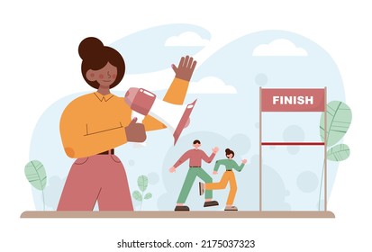 Motivation concept. Empolyee motivation for career goals achievement. Ambition, persistence and responsibility. Success in challenge's overcoming. Flat vector illustration