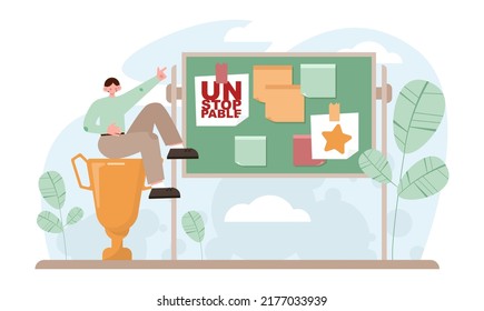Motivation concept. Empolyee motivation for career goals achievement. Ambition, persistence and responsibility. Success in challenge's overcoming. Flat vector illustration