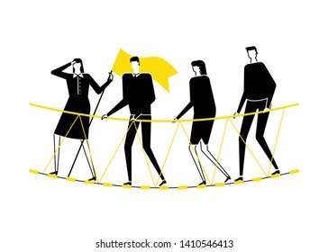 Motivation concept - flat design style vector illustration. Black, white and yellow unusual composition with a business team, male and female colleagues going on a rope bridge, overcoming difficulties