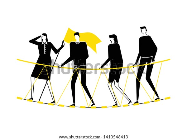 Motivation concept - flat design style
vector illustration. Black, white and yellow unusual composition
with a business team, male and female colleagues going on a rope
bridge, overcoming
difficulties