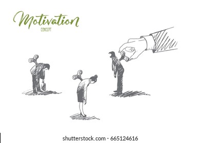 Motivation concept. Hand drawn people who need motivation. One man motivate another isolated vector illustration.