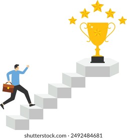 motivation concept, Hope for success in business, achievement or achievement of business goals, confident smart businessman climbing the ladder to the top for the prize of a valuable trophy.

