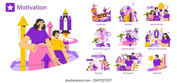 Motivation concept illustrating various aspects of empowerment and productivity. Themes include leadership, idea generation, work motivation, risk analysis, and support for effective planning. Vector