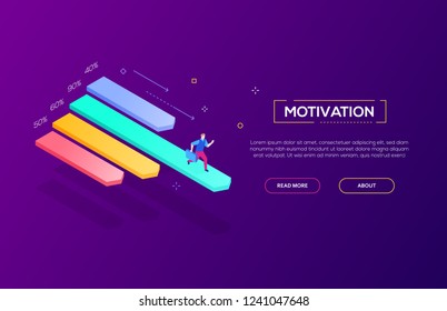 Motivation concept - modern isometric vector web banner on dark purple background with copy space for text. High quality composition with businessman running on diagram sector, achieving best results