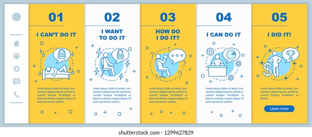 Motivation concept onboarding mobile app page screen vector template. I can do it, i did it, i want to do it walkthrough steps with linear illustrations. UX, UI, GUI smartphone interface concept