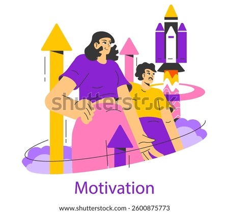 Motivation concept. People surrounded by symbols of growth and progress, embodying determination and aspirations. Visual representation of ambition and forward movement towards goals. Vector