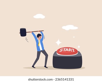 Motivation concept. Push start button to start new business, entrepreneur to begin new company, startup launch project, opportunity, decision to make, businessman run to push red start button.