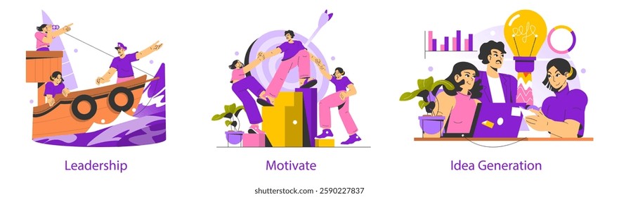 Motivation concept. This illustration explores leadership, teamwork, and idea generation, reflecting the importance of collaborative efforts in achieving goals. Engaging visuals highlight motivation