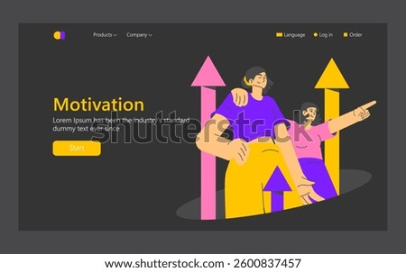 Motivation concept. This illustration represents the theme of motivation through two figures embodying encouragement and ambition against a background of rising arrows. It reflects the drive for