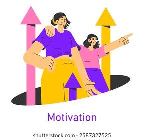 Motivation concept. Two confident women stand together, feeling empowered and inspired as they encourage one another towards success. Growth arrows symbolize upward movement and ambition. Vector