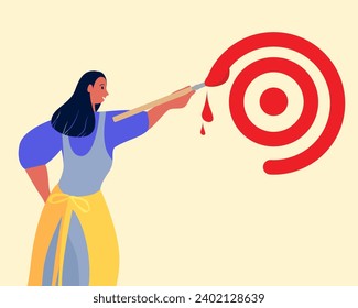 Goal achievement, motivation concept. Young happy girl standing backwards painting Aspiration to victory on wall with paint brush vector illustration
