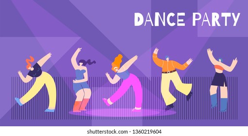 Motivation Dance Party Flat Card Dancing People Having Fun Clubbing under Disco Lights on Stage Cartoon Vector Illustration Banner Template Inspiration Best Choice for Night Event Concept