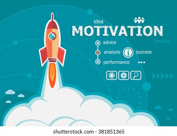 Motivation design and concept background with rocket. Project Motivation concepts for web banner and printed materials.