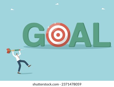 Motivation and determination on the path to great success, precision in setting goals and focus on achieving them, strategic planning in solving business problems, man throws dart right at the target.