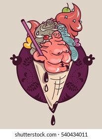 Motivation diet crazy picture with humanized fat disgusting gross ice cream guys with topping and abstract background. You are what you eat