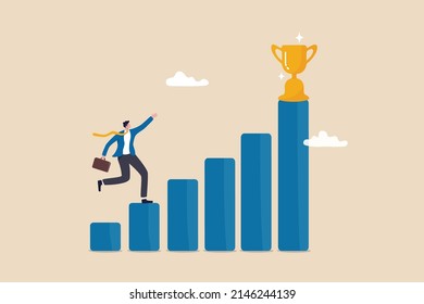 Motivation To Drive Success, Achievement Or Reward Motivate Employee To Improve And Succeed, Benefit, Prize Award Concept, Motivated Businessman Running On Growing Bar Graph To Catch Winner Trophy.