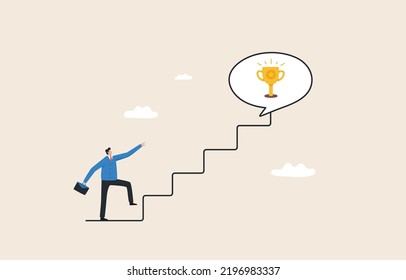 Motivation to drive success from business. achievement. or reward encourages employees to develop and succeed. Businessman running on the stairs to catch the winner trophy.