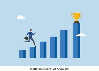 Motivation to drive success, driven entrepreneur racing on ascending bar chart to seize victory trophy. 