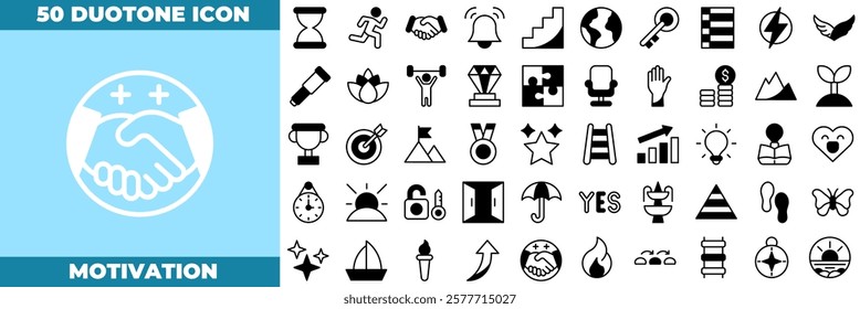 Motivation Duotone Editable Icons set. Vector illustration in modern thin duotone style of motivation icons: motivation, target, success, etc