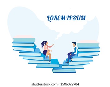 Motivation Flat Banner with Cartoon Tiny Creative Students Sitting on Huge Paper Books Stack, Talking, Sharing Knowledge. Education, Studying and Learning. University Graduation. Vector Illustration