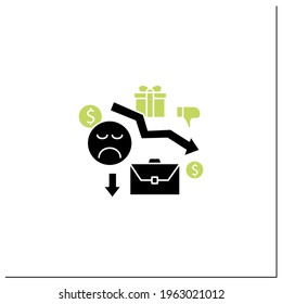 Icono de glifo de motivación. Reducir la motivación laboral. Problemas de trabajo. Trabajadores descontentos. Disminución de la eficiencia.Concepto de ingreso básico universal.Signo plano relleno. Ilustración vectorial de silueta aislada