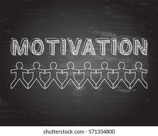 Motivation hand drawn text and cut out paper people chain on blackboard background
