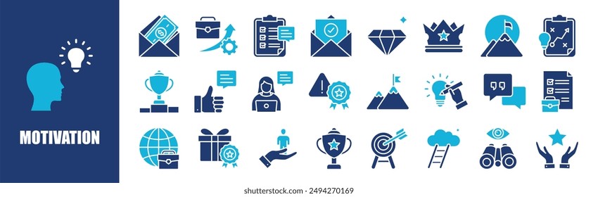 Conjunto de colecciones de iconos de motivación. Contiene motivación, inspiración, antecedentes, diseño, tipografía y más. Iconos de vector sólido colección.	