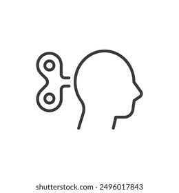 motivation icon, fatigue exhaustion concept, mental burnout symbol, lack of energy, human head with wind-up key, isolated linear vector illustration.