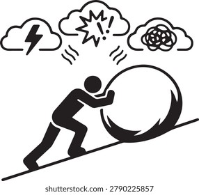 Motivation icon featuring person pushing boulder uphill for success and goal achievement