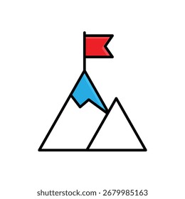 Motivation icon. Management. Two mountains and a flag on top. Suitable for reports and web icons. Office, Team, analysis. Mixed design style.